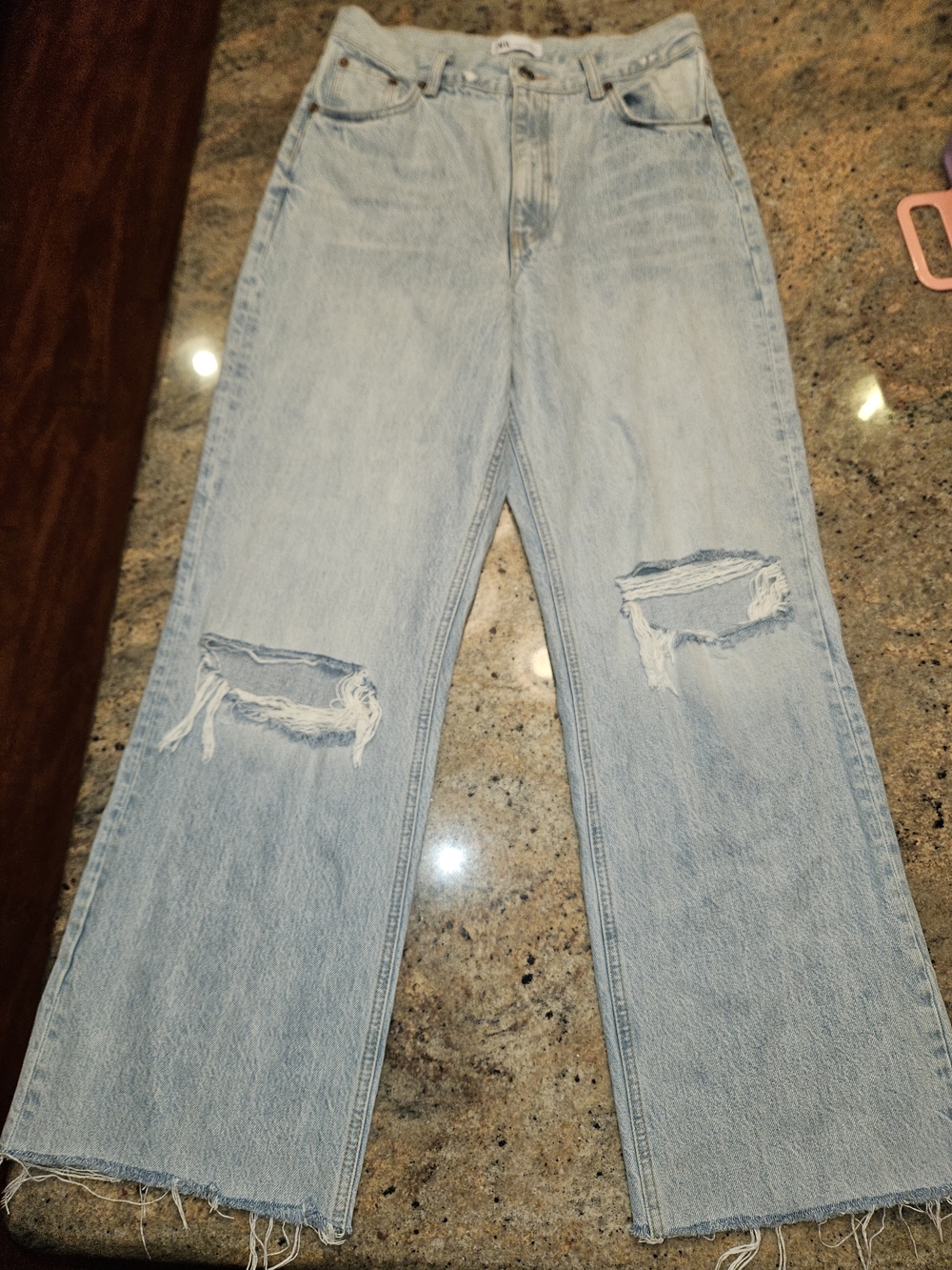 Zara Light Blue Distressed Wide-Leg Jeans